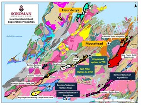 Sokoman Minerals' portfolio of gold properties in Newfoundland