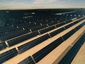 Arrays of photovoltaic solar panels are seen at the Tenaska Imperial Solar Energy Center South in this aerial photo taken over El Centro, California, U.S.