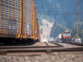 Rail cars in the Fraser River Valley south of Lytton, British Columbia, on Saturday, July 3.
