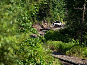 A rail line is inspected in the Fraser River Valley south of Lytton, British Columbia.
