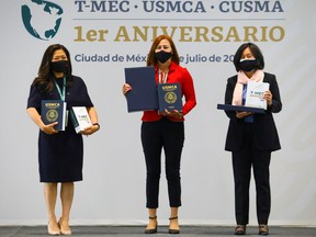 Canadian Minister of Small Business, Export Promotion and International Trade Mary Ng, Mexican Economy Minister Tatiana Clouthier and U.S.Trade Representative Katherine Tai attend an event to commemorate the first anniversary of the entry-into-force of the United States-Mexico-Canada Agreement (USMCA/T-MEC/CUSMA), in Mexico City.