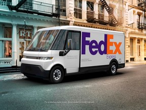 A FedEx Express truck slated to be the first customer of GM’s BrightDrop EV600.