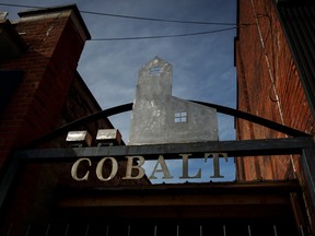 A town sign is displayed in downtown Cobalt, Ont. Global demand for cobalt, a component in batteries used to power electric cars, is changing the importance of the metal.