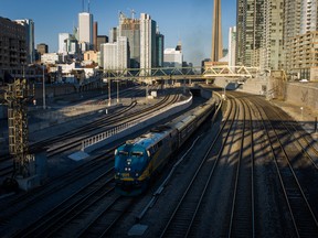 A Via Rail train leaves Union Station, the heart of VIA Rail travel, bound for Windsor, in Toronto.