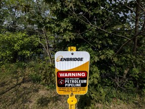 Signage for the Enbridge Line 5 pipeline in Sarnia, Ont.