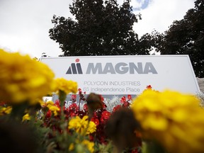 Autoparts manufacturer Magna International Inc.'s logo at a facility in Guelph, Ont.