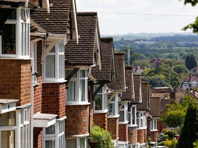 A terrace of homes on a hill in Birstall, U.K.