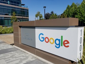 A sign is pictured outside a Google office near the company's headquarters in Mountain View, California.