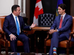 Alberta Premier Jason Kenney and Canada's Prime Minister Justin Trudeau meet on Parliament Hill in Ottawa, in 2019.