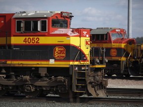 Kansas City Southern (KSC) Railway locomotives idle on a fuel pad before pulling freight trains from Knoche Yard in Kansas City, Missouri.