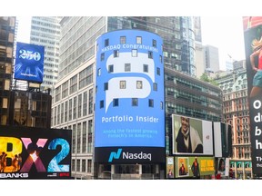 On Thursday, August 11, 2021, NASDAQ's Times Square New York City LED screen displayed a congratulatory message to artificial intelligence-powered financial insights platform Portfolio Insider.