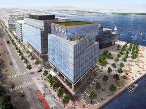 theScore's future headquarters at the Waterfront Innovation Centre, a cutting-edge complex on Toronto's Sugar Beach. Artist's rendering shows view looking southeast.
