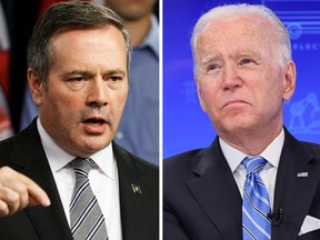 Alberta Premier Jason Kenney, left, blasted the administration of U.S. President Joe Biden, right, yesterday for telling OPEC to send more oil after cancelling Canada’s Keystone XL Pipeline.