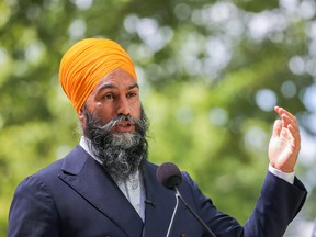 NDP leader Jagmeet Singh speaks to the press in a park in Montreal, Aug. 15, 2021.