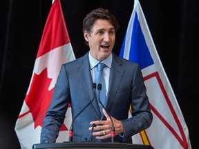 Prime Minister Justin Trudeau makes a statement as he visits Newfoundland and Labrador Premier Andrew Furey at the Confederation Building in St. John's, N.L. last week.
