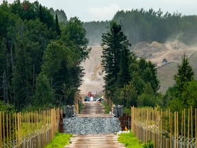 Sections of the Enbridge Line 3 pipeline are seen on the construction site near La Salle Lake State Park in Solway, Minnesota on August 7, 2021.