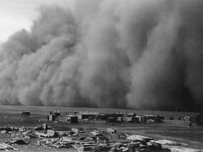 Hot, drying winds picked up loose topsoil and produced towering dust storms during the Dust Bowl drought.