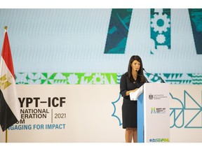 Her Excellency Dr. Rania A. Al-Mashat addresses the inaugural Egypt International Cooperation Forum (Egypt-ICF) in Cairo