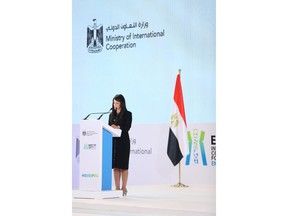 Her Excellency Dr. Rania A. Al-Mashat, Egypt's Minister of International Cooperation delivers reveals the Cairo Communiqué at the Egypt-ICF