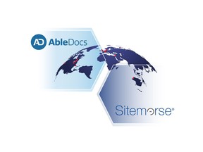The AbleDocs Inc. and Sitemorse company logos coming together over a globe, with red markers to represent current AbleDocs locations around the world.