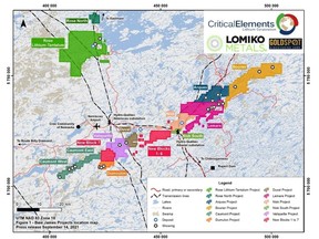 Figure 1: Location of Critical Elements' projects, Eeyou Istchee, James Bay, Québec. Critical Elements and Lomiko Metals' Bourier project on the Northeastern part of the Nemiscau belt.