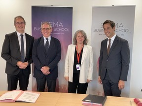 Official signing of the partnership between SKEMA and EADA on 20 September 2021 from SKEMA Business School's Grand Paris Campus. From left to right: Patrice Houdayer, Director of Programmes, International and Student Life, Koke Pursals, Chairman of the Board of Directors of the EADA Foundation, Alice Guilhon, SKEMA's Dean & Executive President, and Jordi Diaz, EADA's Dean.