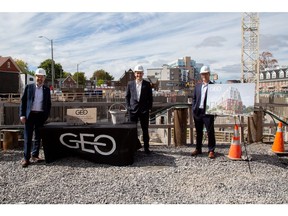 Podium Developments recently held a cornerstone ceremony for Geo, Kingston's first large scale geothermal residential building. The stone was laid by (L-R) City of Kingston Mayor, Bryan Paterson and Podium Developments' Managing Directors, Bernard Luttmer and Oskar Johansson.