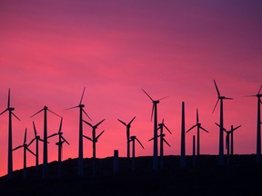 Electric energy generating wind turbines are seen on a wind farm in the San Gorgonio Pass near Palm Springs, California.