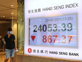 An electronic screen displays the Hang Seng Index in the Central district of Hong Kong, China on Monday which slumped 3.3 per cent Monday, its biggest loss since late July.