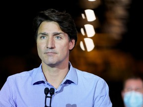 Prime Minister Justin Trudeau during his election campaign tour in Welland, Ont., Sept. 6, 2021.