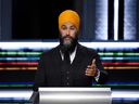 NDP leader Jagmeet Singh speaks during the federal election debate on September 9, 2021 in Gatineau, Quebec.