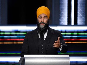 NDP Leader Jagmeet Singh speaks during the federal election debate in Gatineau, Quebec, Sept. 9, 2021.