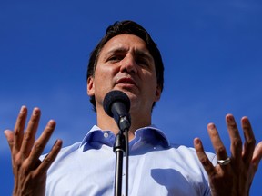 Liberal Prime Minister Justin Trudeau speaks during an election campaign stop in Montreal, Sept. 16, 2021.
