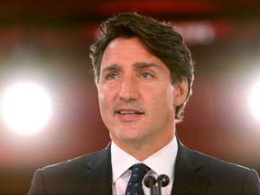 Prime Minister Justin Trudeau speaks during a Liberal Party election night event in Montreal, Sept. 21, 2021.