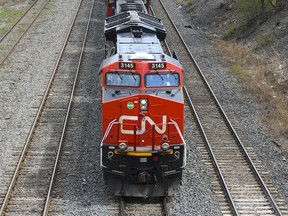 A Canadian National Railway locomotive pulls a train in Montreal on April 20, 2021.