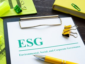 Papers about ESG Environmental, Social and Corporate Governance and notepad. getty