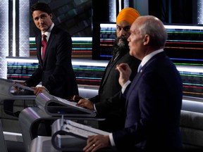 Canadian Prime Minister and Liberal Leader Justin Trudeau, NDP Leader Jagmeet Singh and Conservative Leader Erin O'Toole participate in the federal election debate in Gatineau, Quebec, on Sep. 9, 2021.