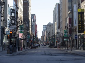 A nearly empty Saint-Catherine Street in Montreal on March 27, 2020.