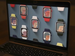 The Apple Watch Series 6 is seen on a laptop computer during a virtual product launch in September 2020.