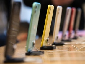 A row of Apple Inc. iPhone 11 smartphones during a product launch event in Sept. 2019.