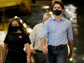 Deputy Prime Minister Chrystia Freeland with Prime Minister Justin Trudeau at a campaign stop in Welland, Ont.