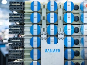 Hydrogen fuel cells stand at the Ballard Power Systems Inc. facility in Burnaby, British Columbia.