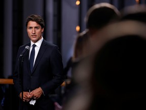 Prime Minister Justin Trudeau speaks at a news conference after the second of three two-hour debates ahead of the September 20 election.