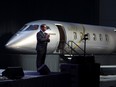 Éric Martel, Bombardier’s chief executive, unveils a mockup of the company’s new Challenger 3500 business jet at a virtual event in Montreal.