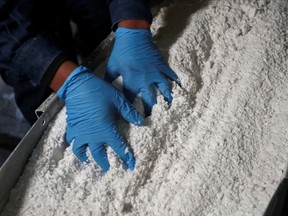 An employee grabs carbonate lithium after being processed at the Rincon Mining lithium pilot plant, at the Salar del Rincon salt flat, in Salta, Argentina.