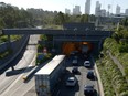 Traffic passes under the E Tag electronic tolls on the Transurban Group toll highway outside Melbourne, Australia.