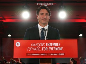 Prime Minister and Liberal Party Leader Justin Trudeau delivers his victory speech at election headquarters on September 20, 2021 in Montreal.