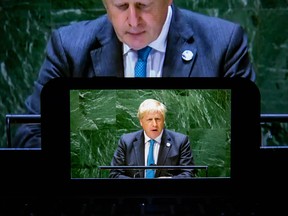 Boris Johnson, U.K. prime minister, speaks during the United Nations General Assembly via live stream in New York,