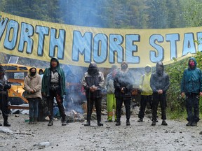 Activists, who are trying to stop the logging of old growth timber, stand at a blockade at Waterfall camp in the Fairy Creek area of Vancouver Island, near Port Renfrew, British Columbia, in May.