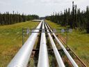 Pipelines verlaufen durch den Wald bei den Ölsandbetrieben Cenovus Foster Creek SAGD in der Nähe von Cold Lake, Alberta. 